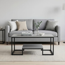 Alivio 2-Tier Modern Industrial Coffee Table with Metal Frame &amp; Wooden Top Dual Storage Shelves, Home &amp; Office (Grey)
