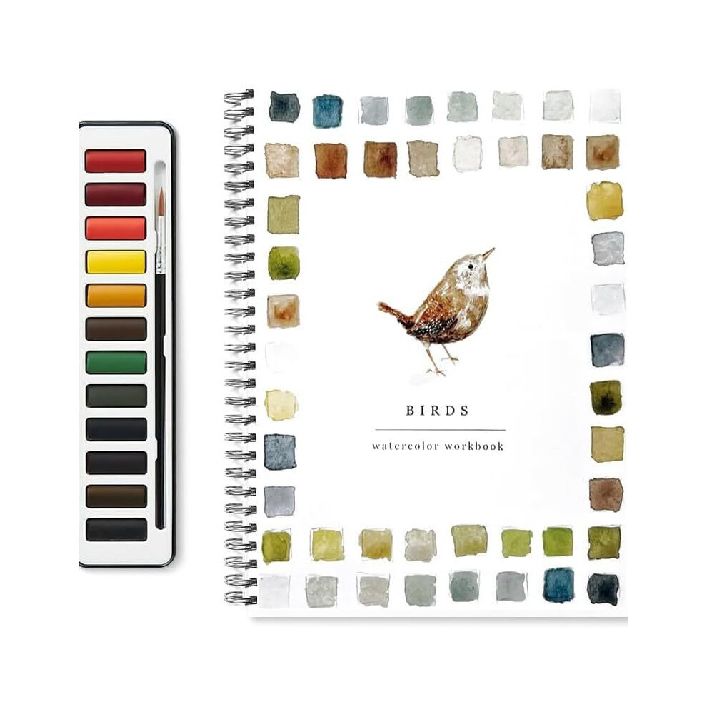 (Bird) HOT Watercolor Workbook Beginner Coloring Painting Drawing Book with 12 Colors