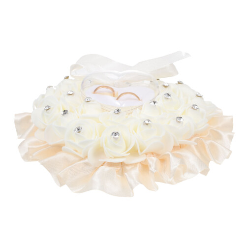 3Pcs Romantic Beige Rose Heart Wedding Ring Pillow Case for Storage