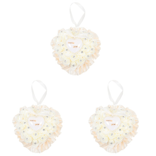 3Pcs Romantic Beige Rose Heart Wedding Ring Pillow Case for Storage 2