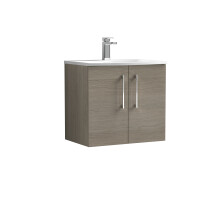 Balterley Level Modern Bathroom Wall Hung 2-Door Vanity & Curved Basin, Solace Oak, 600mm