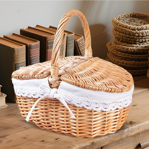 Picnic Basket Hand Woven Single Handle Large Capacity Backyard Gatherings 1