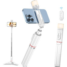 Bluetooth selfiestangstativ med lysfyll, 3-i-1 uttrekkbar selfiestang i aluminium med avtakbar trådløs fjernkontroll, for iPhone 1