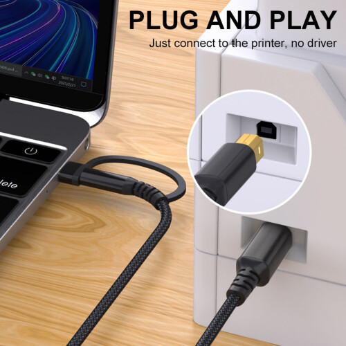 Câble d'imprimante tressé USB A/C vers B, cordon de-3m Noir 2