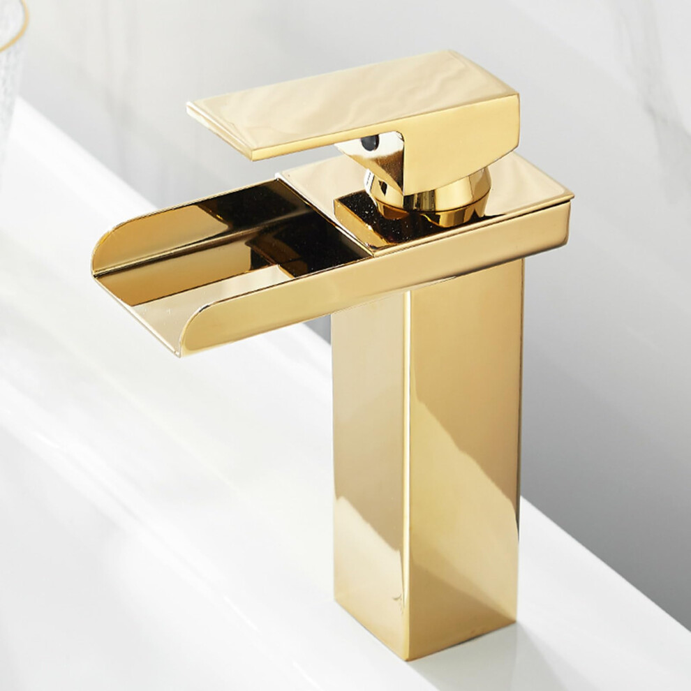 Waterfall Basin Tap Gold Finish Brass Singlehandle, Hot And Cold, Short Spout, Bathroom Mixer Tap 9323874245942