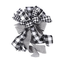 Pre-Tied Festive Ribbon Plaid Christmas Bow In Red Black Checkered Pattern, Christmas Tree Topper With Wire For Indoor Outdoor Decor