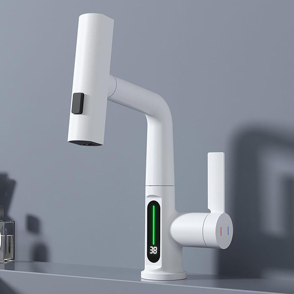 Modern White Bathroom Faucet With Pullout Sprayer And Temp Display, Single Handle Liftable Waterfall Basin Mixer Tap 9323874246772
