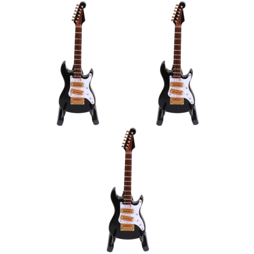 3Pcs Mini Electric Guitar Model Decor Black 10Cm With Box And 2