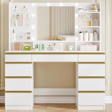 Hzuaneri Dressing Table with Bulb Light, Vanity Desk with 1 Large Drawer and 8 Small Drawer Cabinets, Adjustable Brightness, Large HD Mirror