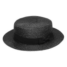 (Black) Womens Beach Bowler Straw Boater Hat Round Flat Caps Wide Brim
