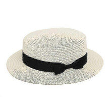 (Milk White) Womens Beach Bowler Straw Boater Hat Round Flat Caps Wide Brim