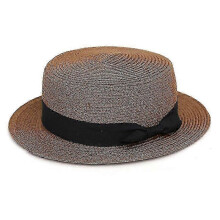 (Dark khaki) Womens Beach Bowler Straw Boater Hat Round Flat Caps Wide Brim
