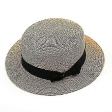 (khaki) Womens Beach Bowler Straw Boater Hat Round Flat Caps Wide Brim