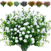 (White) 6 Bundles Artificial Fall Flowers, Outdoor UV Resistant Fake Flowers Plastic Greenery Shrubs Plants