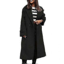 (S, black) Long Sleeve Lady Overcoat with Lapel Loose Fit Solid Color Thick Warm Cardigan Windproof Double Button and Pockets for Fall and Winter Wear