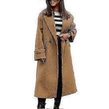 (S, khaki) Long Sleeve Lady Overcoat with Lapel Loose Fit Solid Color Thick Warm Cardigan Windproof Double Button and Pockets for Fall and Winter Wear