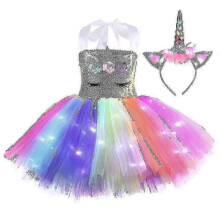 (2-4Years,B)Kids Girls Unicorn Led Sequin Tutu Tulle Dress Headwear Set Fancy Ball Gown Birthday Party Costume Outfit