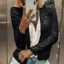 (L, Black) Women's Cardigan Long Sleeve Shiny Sequin Coat Open Front Casual Female Jacket