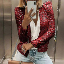 (S, Red) Women's Cardigan Long Sleeve Shiny Sequin Coat Open Front Casual Female Jacket