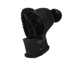 (Black) Women's Knitted Hat With Scarf And Mask In One Windproof Fleece Wool Cap Cycling Cold Weather Cover Hat Lady Skiing Caps