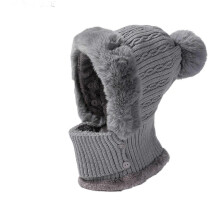 (Gray) Women's Knitted Hat With Scarf And Mask In One Windproof Fleece Wool Cap Cycling Cold Weather Cover Hat Lady Skiing Caps