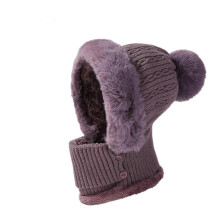 (Purple) Women's Knitted Hat With Scarf And Mask In One Windproof Fleece Wool Cap Cycling Cold Weather Cover Hat Lady Skiing Caps