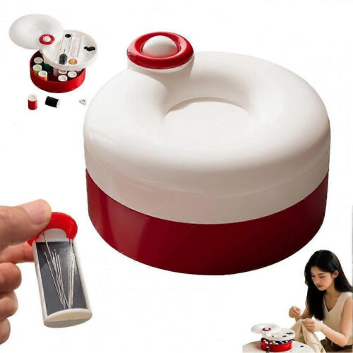 (Red) Sewing Box Rotating Magnetic Sewing Kit Rotatable Multi-Layered Organizer Thread Assortment Kit 2