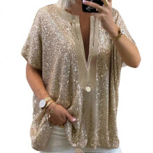 (XL, Golden) Women Short Sleeve Sequins T Shirt Summer Tees Ladies Shirts Clothes Sexy V Neck Blouse Loose Casual