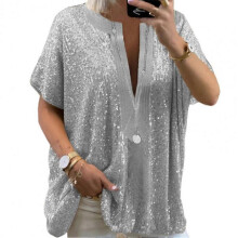 (XL, Silver) Women Short Sleeve Sequins T Shirt Summer Tees Ladies Shirts Clothes Sexy V Neck Blouse Loose Casual