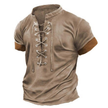 (4XL, Khaki) Men's Retro Lace-up Short-sleeved T-shirt, Oversized Loose Business Casual Top Fashionable Street