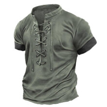 (5XL, Army Green) Men's Retro Lace-up Short-sleeved T-shirt, Oversized Loose Business Casual Top Fashionable Street