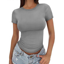 (M, GRAY) Women's Slim Fit T-Shirt Summer Sexy Short Sleeve Round Neck Tops Fashion Basic Tee