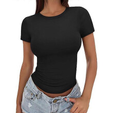 (S, black) Women's Slim Fit T-Shirt Summer Sexy Short Sleeve Round Neck Tops Fashion Basic Tee