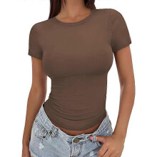 (XL, Coffee) Women's Slim Fit T-Shirt Summer Sexy Short Sleeve Round Neck Tops Fashion Basic Tee