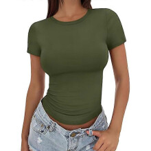 (L, army green) Women's Slim Fit T-Shirt Summer Sexy Short Sleeve Round Neck Tops Fashion Basic Tee