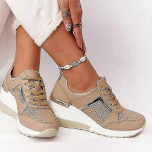 (36,khaki)Lace-up Wedge Sports Snickers Women's Vulcanized Casual Comfy Shoes