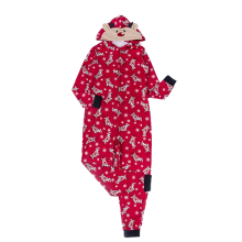 Fleece onesie pyjama met capuchon en ritssluiting voor volwassenen, met elandprint, lange mouwen en een open achterkant. Een feestelijk ontwerp voor