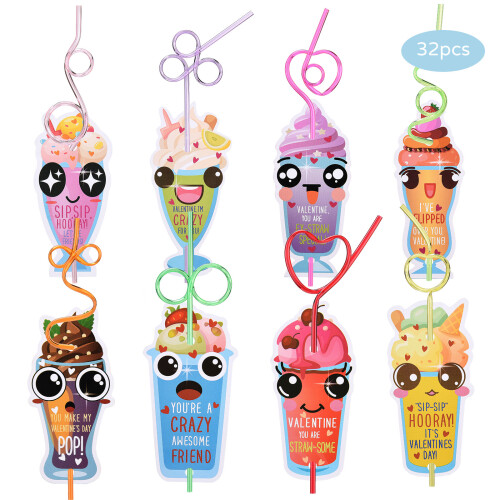 Crazy Drinking Straws for Kids, Ευχετήριες Κάρτες Αγίου Βαλεντίνου 32 τεμάχια με διάφορα