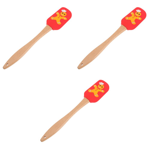 3Pcs Red Silicone Cake Spatula Set Wooden Handle Christmas Baking Tool 2