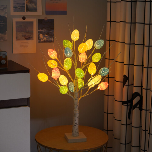 Lighted Birch Tree for Easter Table Decor, Battery Powered Adjustable Branches Pre-lit Spring Decorations for Home with Warm White Lights and Easter E 2