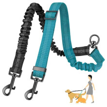 Dual Dog Wire For Two Dogs, Tangle , Bungee Jumping Split Type Wire, 360 Rotation, Reflective Safety Handle, BlueBlack