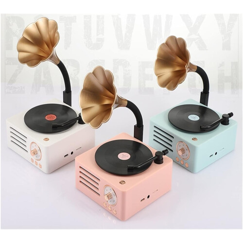 Retro Vinyl Phonograph Stereo Desktop Wireless Rotary Speaker Pink 1