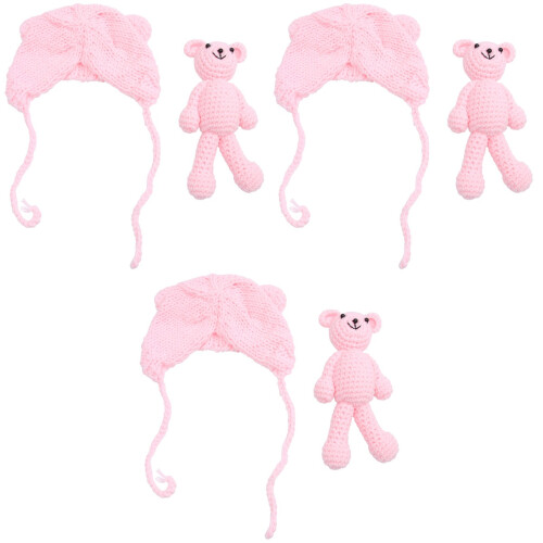 3Stk Gestrickte Mütze Für Neugeborene Mit Häkel Hellrosa 2