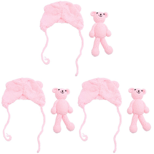 3Stk Gestrickte Mütze Für Neugeborene Mit Häkel Hellrosa 1