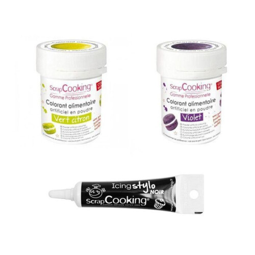 2 Lebensmittelfarben violett-grün Zitrone + schwarzer Spritzgelstift