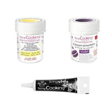 2 coloranti alimentari viola-giallo pastello + Penna per glassa nera