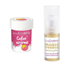 Colorante alimentario rosa sabor frambuesa + Polvo alimentario iridiscente dorado
