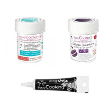 2 corantes alimentares turquesa-violeta + Caneta de glacê preta