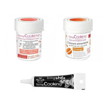 2 corantes alimentares coral-laranja + caneta de glacê preta