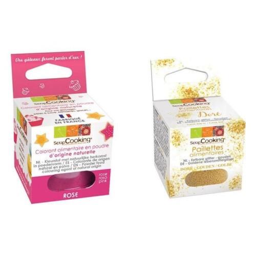 Lebensmittelfarbe Dunkelrosa + goldene Glitzer